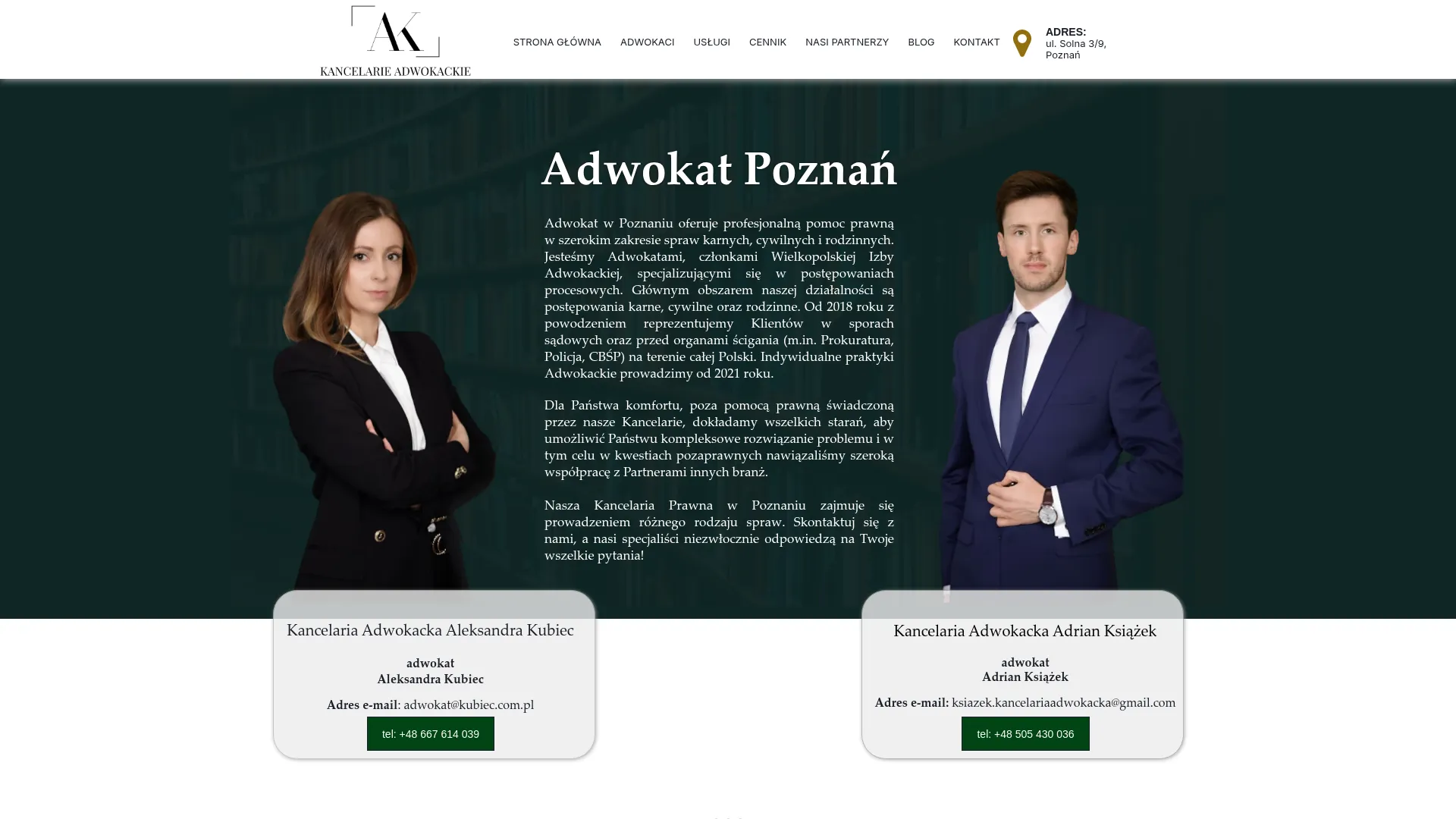 Zrzut ekranu strony Kancelaria Adwokacka Aleksandra Kubiec